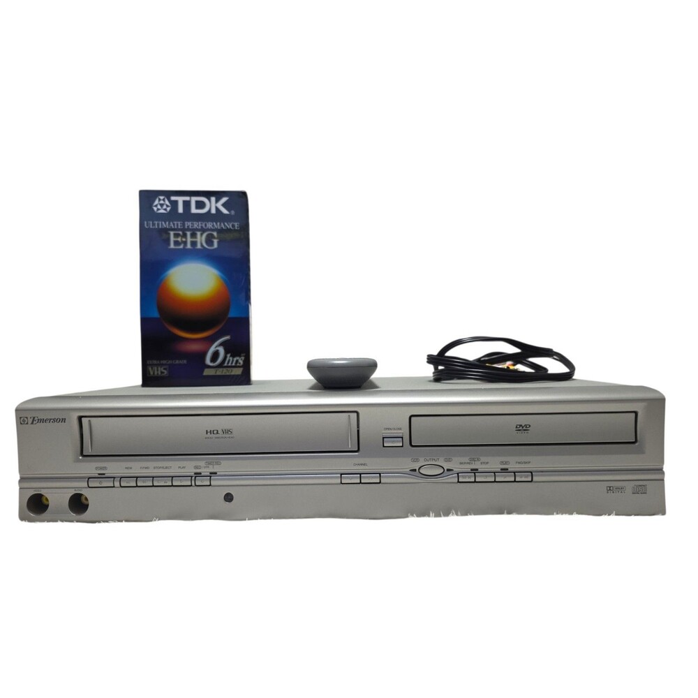 Emerson EWD2004 VHS/DVD Combo Player Silver with Remote + RCA Cables & Tape